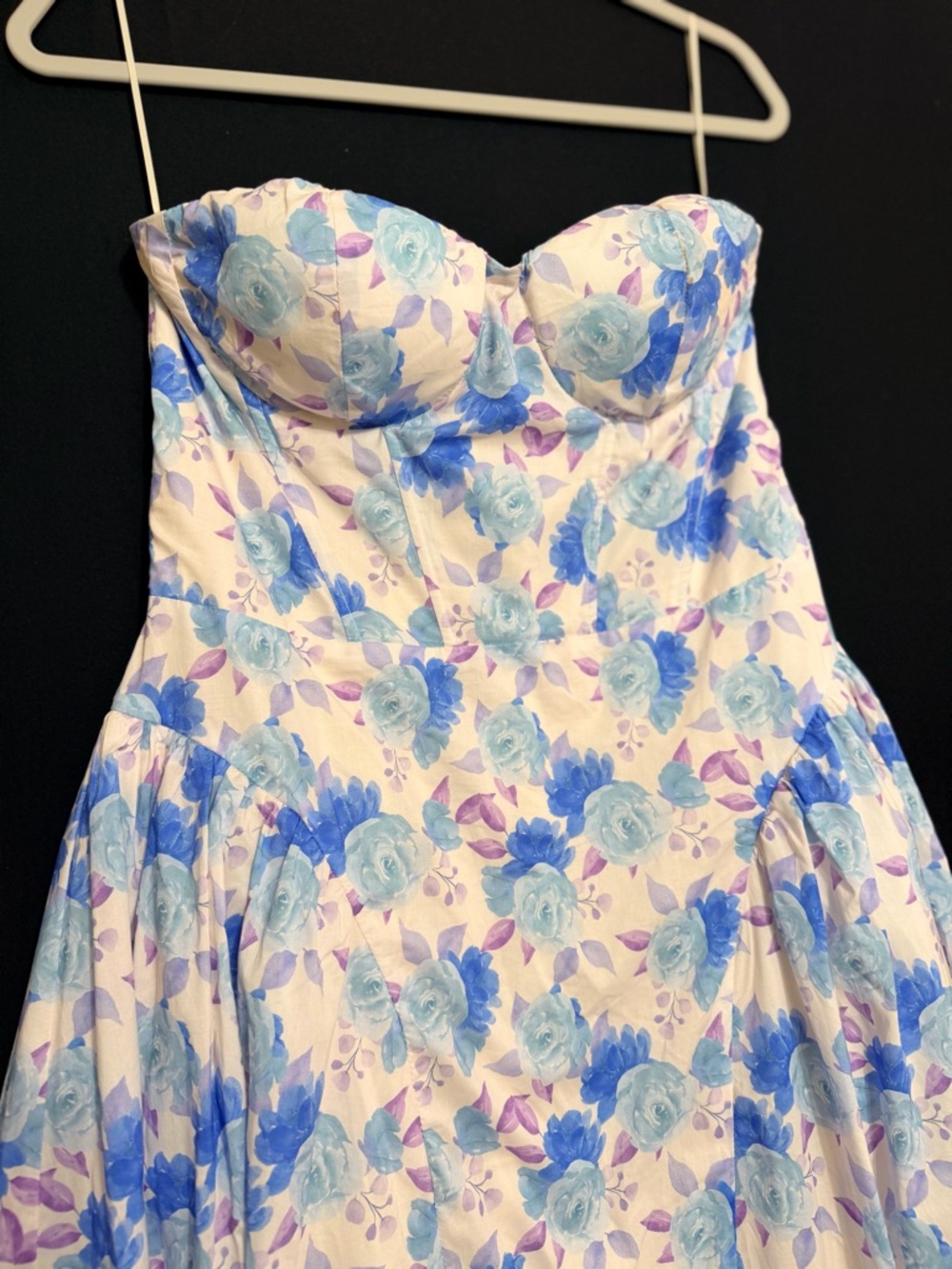 Y2K Strapless Midi Dress with Blue Floral Print Drop waist Ruffled Hips Lace Up